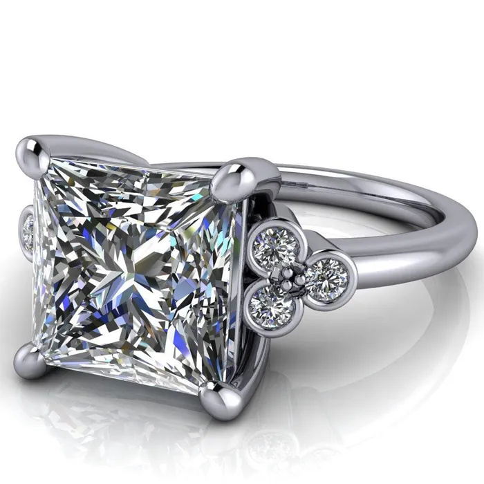 Rings Fire Brilliance Malene Square Moissanite Triple Diamond Side Bezel Engagement Ring