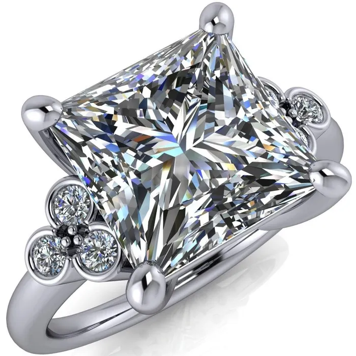 Rings Fire Brilliance Malene Square Moissanite Triple Diamond Side Bezel Engagement Ring