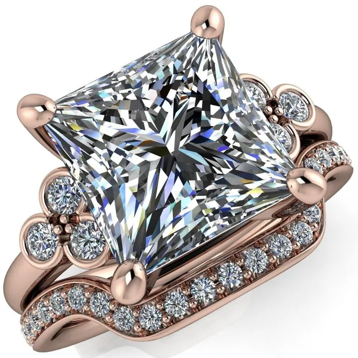 Rings Fire Brilliance Malene Square Moissanite Triple Diamond Side Bezel Engagement Ring