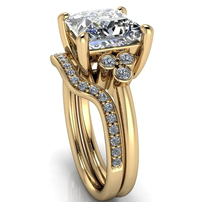 Rings Fire Brilliance Malene Square Moissanite Triple Diamond Side Bezel Engagement Ring