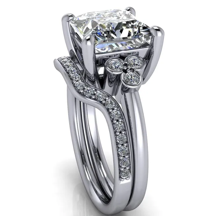 Rings Fire Brilliance Malene Square Moissanite Triple Diamond Side Bezel Engagement Ring