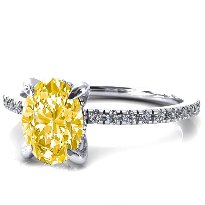 Rings Fire Brilliance Mayeli Oval Canary Yellow 4 Claw Prong Micro Pave Diamond Sides Engagement Ring