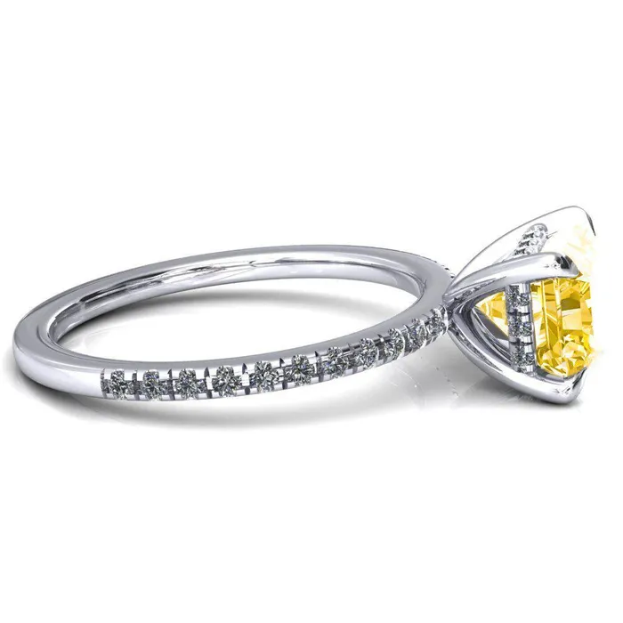 Rings Fire Brilliance Mayeli Radiant Canary Yellow EastWest 4 Claw Prong Micro Pave Diamond Sides Engagement Ring