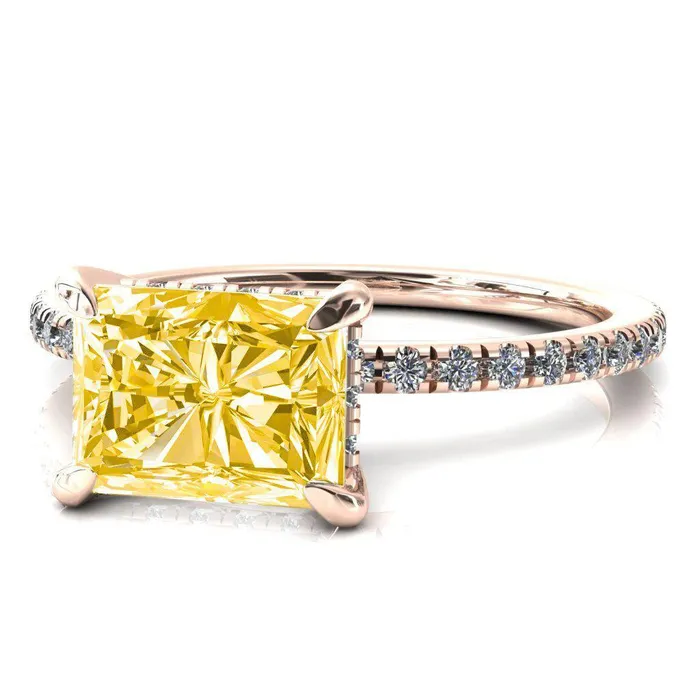 Rings Fire Brilliance Mayeli Radiant Canary Yellow EastWest 4 Claw Prong Micro Pave Diamond Sides Engagement Ring