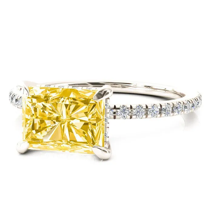 Rings Fire Brilliance Mayeli Radiant Canary Yellow EastWest 4 Claw Prong Micro Pave Diamond Sides Engagement Ring