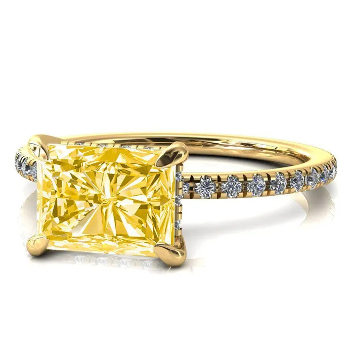 Rings Fire Brilliance Mayeli Radiant Canary Yellow EastWest 4 Claw Prong Micro Pave Diamond Sides Engagement Ring