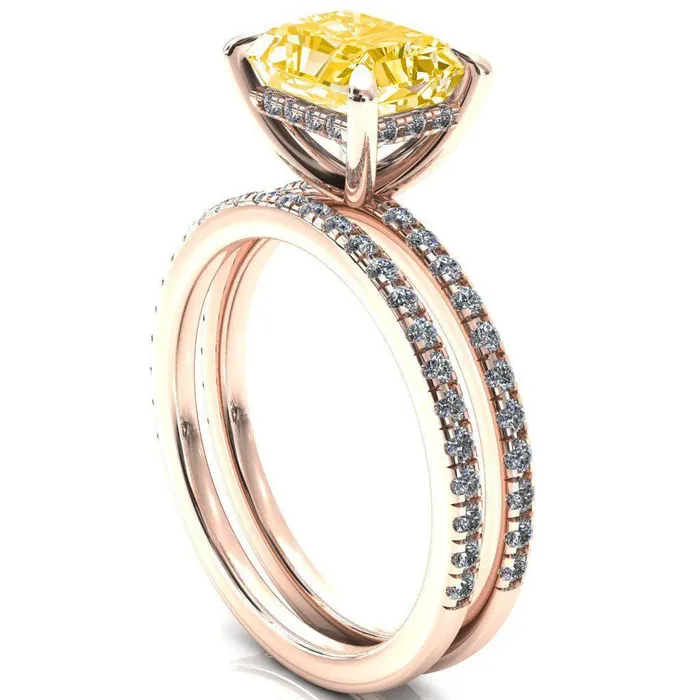 Rings Fire Brilliance Mayeli Radiant Canary Yellow EastWest 4 Claw Prong Micro Pave Diamond Sides Engagement Ring