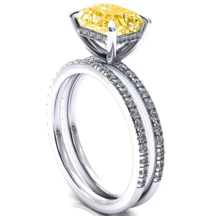 Rings Fire Brilliance Mayeli Radiant Canary Yellow EastWest 4 Claw Prong Micro Pave Diamond Sides Engagement Ring