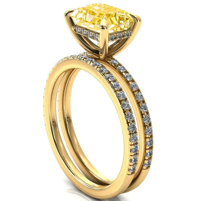 Rings Fire Brilliance Mayeli Radiant Canary Yellow EastWest 4 Claw Prong Micro Pave Diamond Sides Engagement Ring