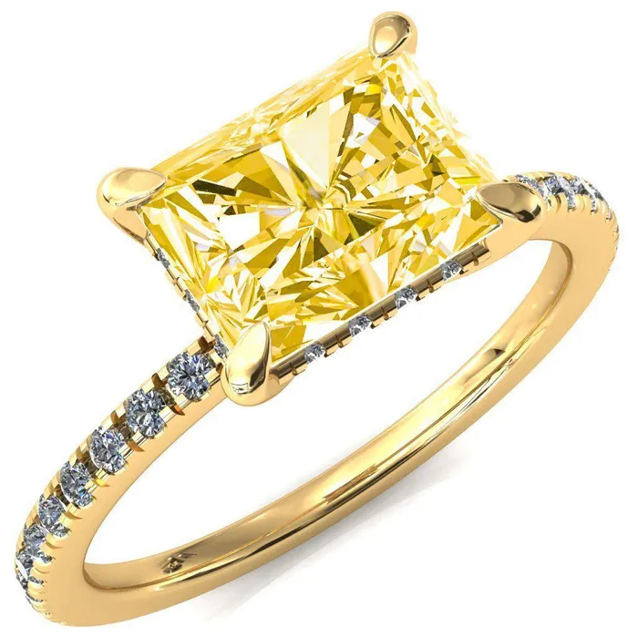 Rings Fire Brilliance Mayeli Radiant Canary Yellow EastWest 4 Claw Prong Micro Pave Diamond Sides Engagement Ring