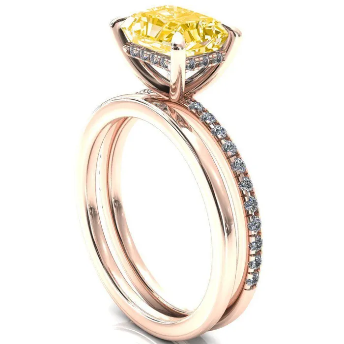 Rings Fire Brilliance Mayeli Radiant Canary Yellow EastWest 4 Claw Prong Micro Pave Diamond Sides Engagement Ring