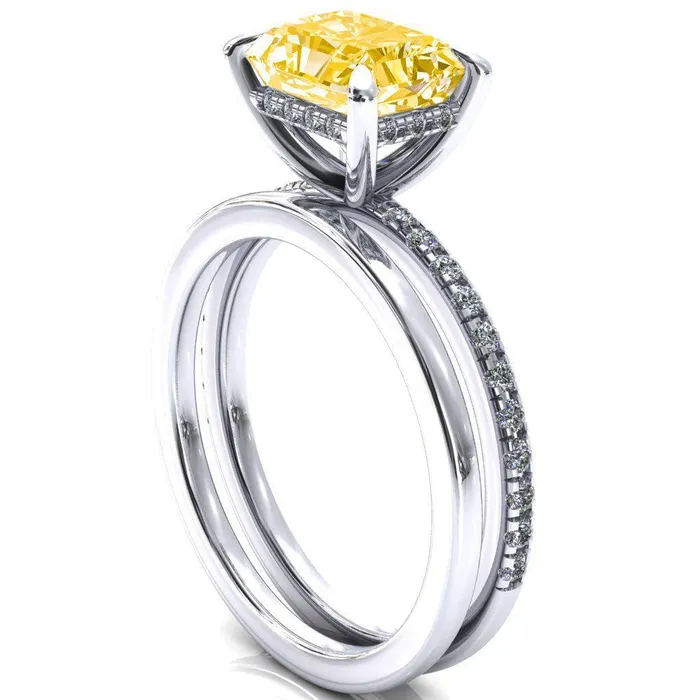 Rings Fire Brilliance Mayeli Radiant Canary Yellow EastWest 4 Claw Prong Micro Pave Diamond Sides Engagement Ring