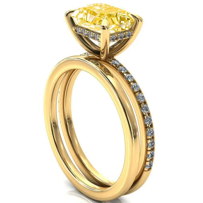 Rings Fire Brilliance Mayeli Radiant Canary Yellow EastWest 4 Claw Prong Micro Pave Diamond Sides Engagement Ring
