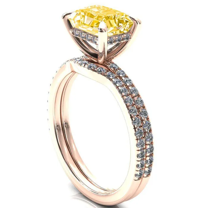 Rings Fire Brilliance Mayeli Radiant Canary Yellow EastWest 4 Claw Prong Micro Pave Diamond Sides Engagement Ring