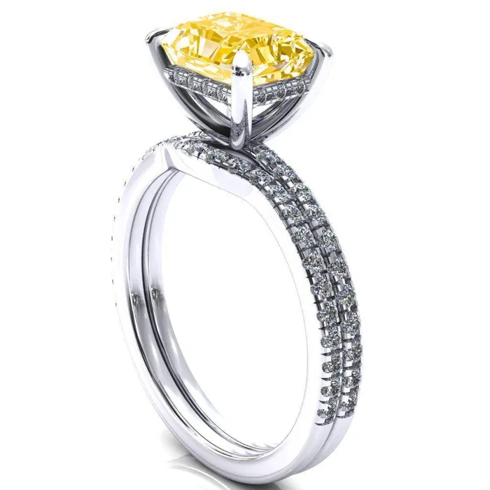 Rings Fire Brilliance Mayeli Radiant Canary Yellow EastWest 4 Claw Prong Micro Pave Diamond Sides Engagement Ring