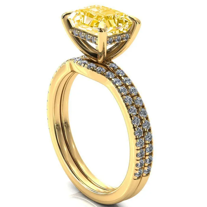 Rings Fire Brilliance Mayeli Radiant Canary Yellow EastWest 4 Claw Prong Micro Pave Diamond Sides Engagement Ring