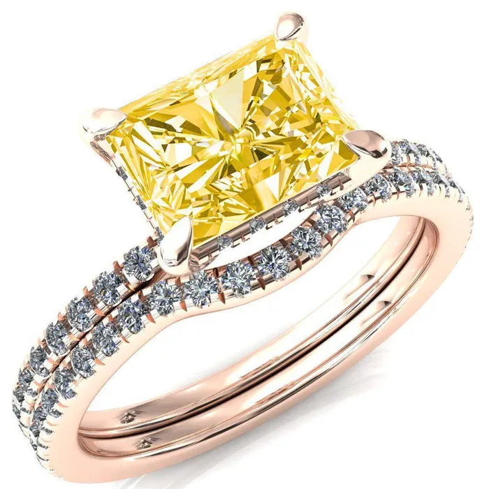 Rings Fire Brilliance Mayeli Radiant Canary Yellow EastWest 4 Claw Prong Micro Pave Diamond Sides Engagement Ring
