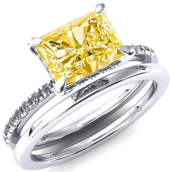 Rings Fire Brilliance Mayeli Radiant Canary Yellow EastWest 4 Claw Prong Micro Pave Diamond Sides Engagement Ring