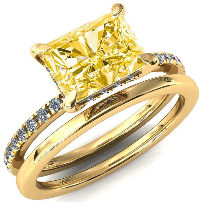 Rings Fire Brilliance Mayeli Radiant Canary Yellow EastWest 4 Claw Prong Micro Pave Diamond Sides Engagement Ring