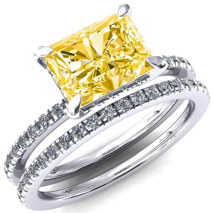 Rings Fire Brilliance Mayeli Radiant Canary Yellow EastWest 4 Claw Prong Micro Pave Diamond Sides Engagement Ring