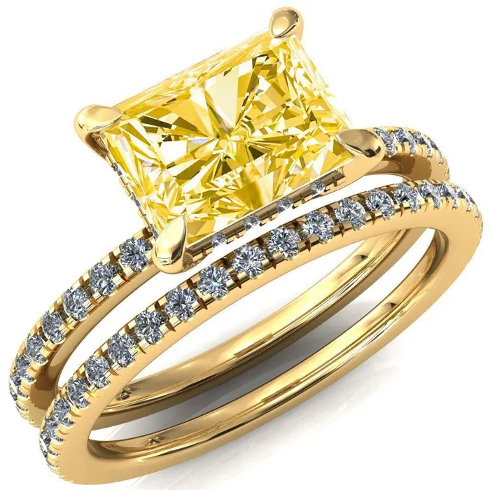Rings Fire Brilliance Mayeli Radiant Canary Yellow EastWest 4 Claw Prong Micro Pave Diamond Sides Engagement Ring