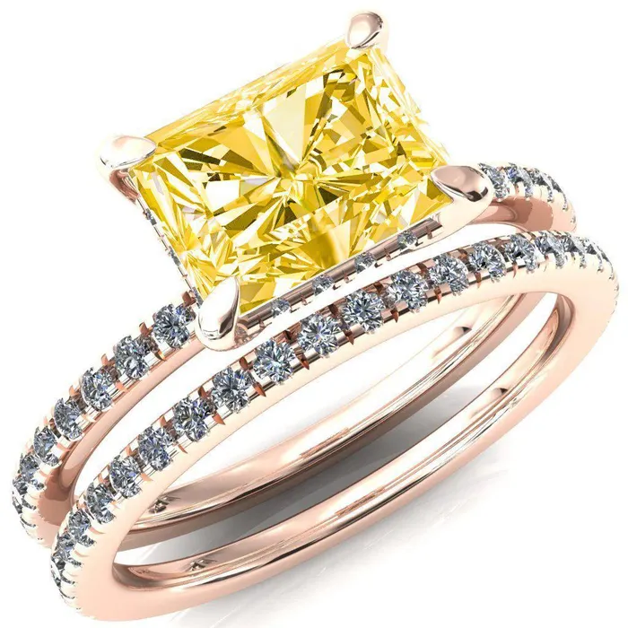 Rings Fire Brilliance Mayeli Radiant Canary Yellow EastWest 4 Claw Prong Micro Pave Diamond Sides Engagement Ring