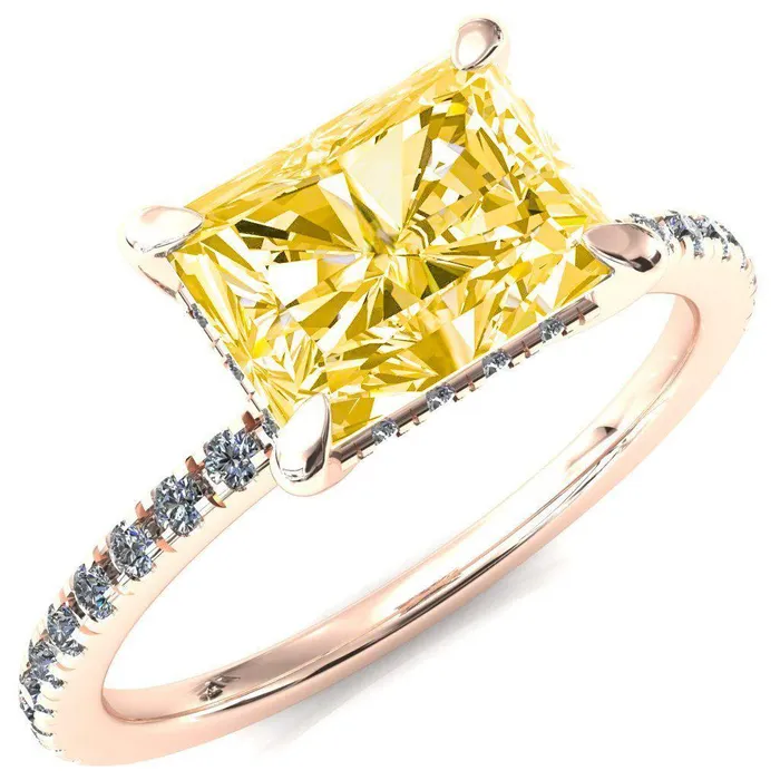 Rings Fire Brilliance Mayeli Radiant Canary Yellow EastWest 4 Claw Prong Micro Pave Diamond Sides Engagement Ring
