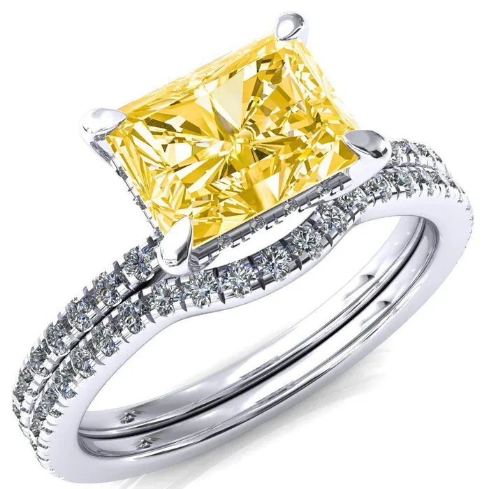 Rings Fire Brilliance Mayeli Radiant Canary Yellow EastWest 4 Claw Prong Micro Pave Diamond Sides Engagement Ring