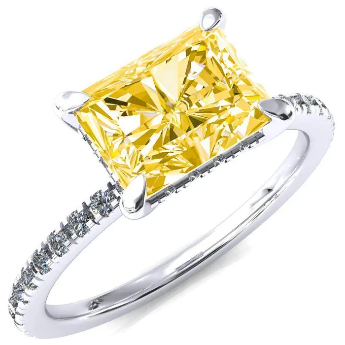 Rings Fire Brilliance Mayeli Radiant Canary Yellow EastWest 4 Claw Prong Micro Pave Diamond Sides Engagement Ring