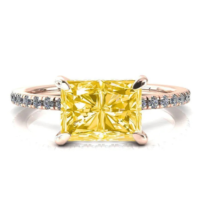 Rings Fire Brilliance Mayeli Radiant Canary Yellow EastWest 4 Claw Prong Micro Pave Diamond Sides Engagement Ring