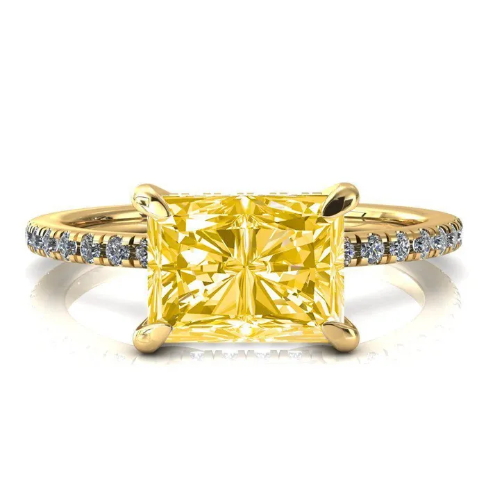 Rings Fire Brilliance Mayeli Radiant Canary Yellow EastWest 4 Claw Prong Micro Pave Diamond Sides Engagement Ring