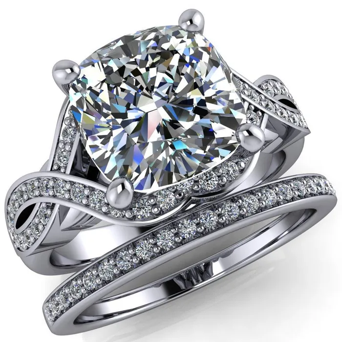 Rings Fire Brilliance Rolling Stone Cushion Center Stone 4 Prong Split Shank Diamond Channel Ring
