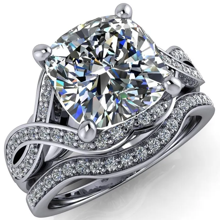 Rings Fire Brilliance Rolling Stone Cushion Center Stone 4 Prong Split Shank Diamond Channel Ring