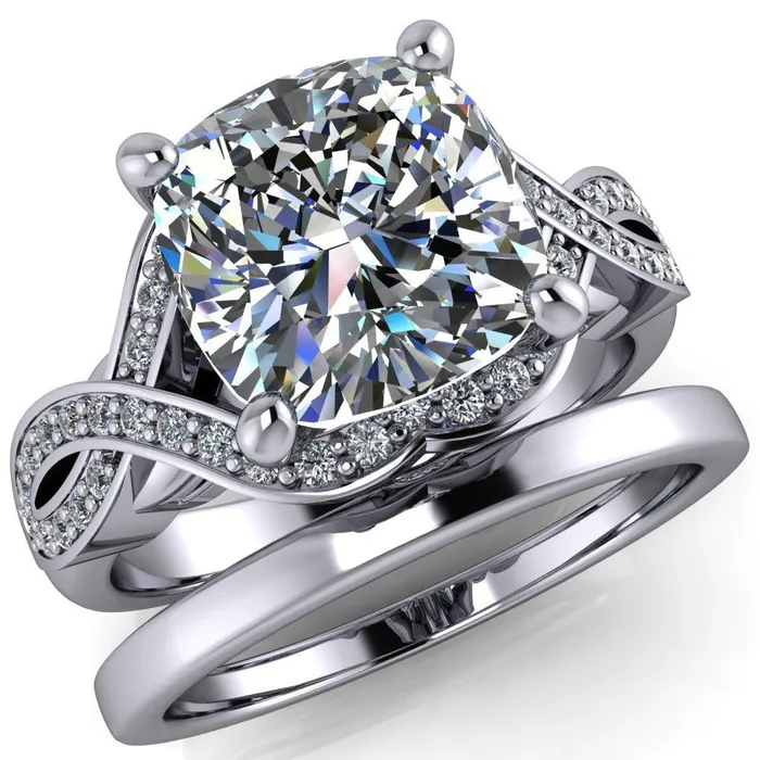 Rings Fire Brilliance Rolling Stone Cushion Center Stone 4 Prong Split Shank Diamond Channel Ring