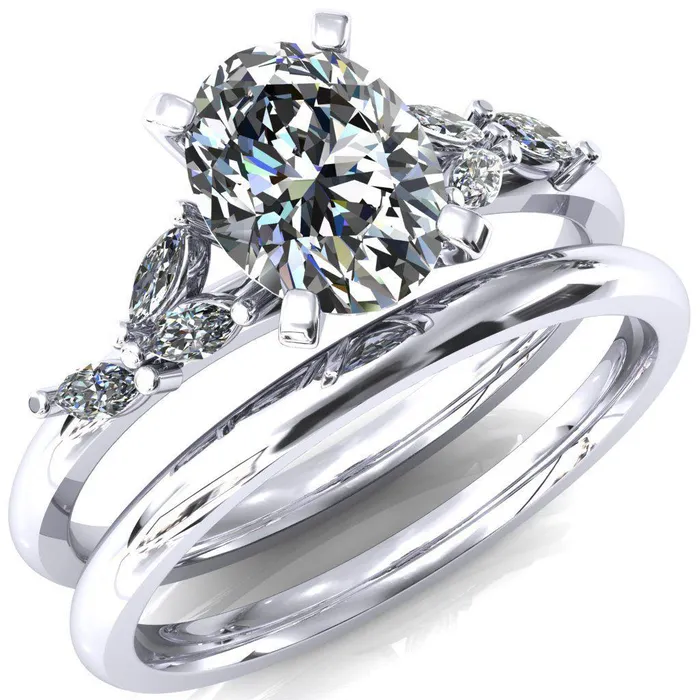 Rings Fire Brilliance Sigrid Oval Center Stone 4 Prong Marquise Diamond Side Ring