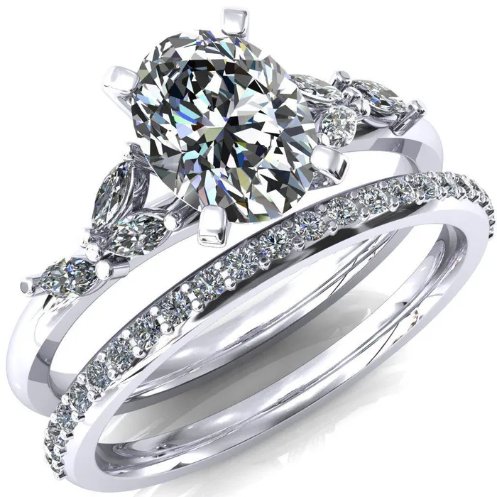 Rings Fire Brilliance Sigrid Oval Center Stone 4 Prong Marquise Diamond Side Ring