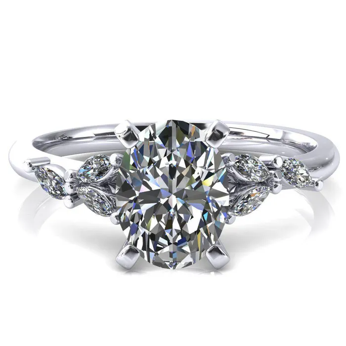 Rings Fire Brilliance Sigrid Oval Center Stone 4 Prong Marquise Diamond Side Ring