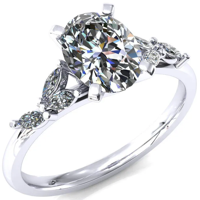 Rings Fire Brilliance Sigrid Oval Center Stone 4 Prong Marquise Diamond Side Ring