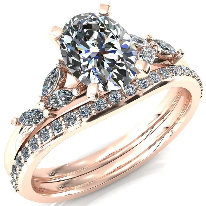Rings Fire Brilliance Sigrid Oval Center Stone 4 Prong Marquise Diamond Side Ring