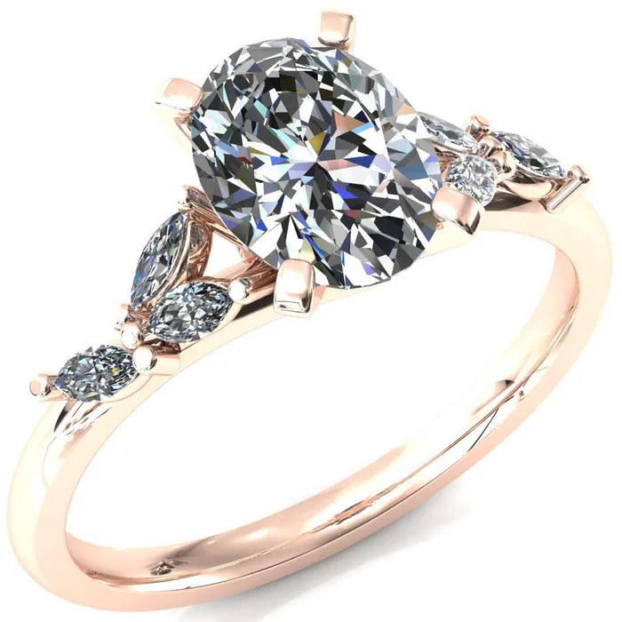 Rings Fire Brilliance Sigrid Oval Center Stone 4 Prong Marquise Diamond Side Ring