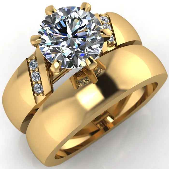 Rings Fire Brilliance Toni Round Center Stone 6 Prong Diamond Side Thick Band Ring