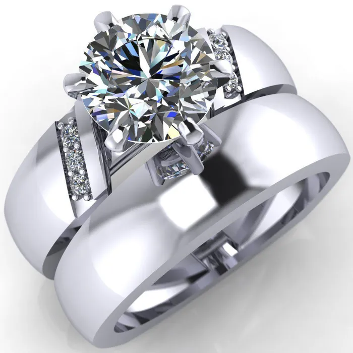 Rings Fire Brilliance Toni Round Center Stone 6 Prong Diamond Side Thick Band Ring