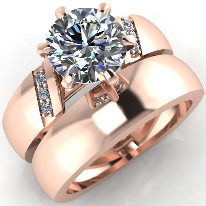 Rings Fire Brilliance Toni Round Center Stone 6 Prong Diamond Side Thick Band Ring