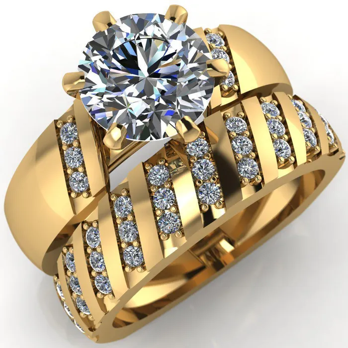 Rings Fire Brilliance Toni Round Center Stone 6 Prong Diamond Side Thick Band Ring
