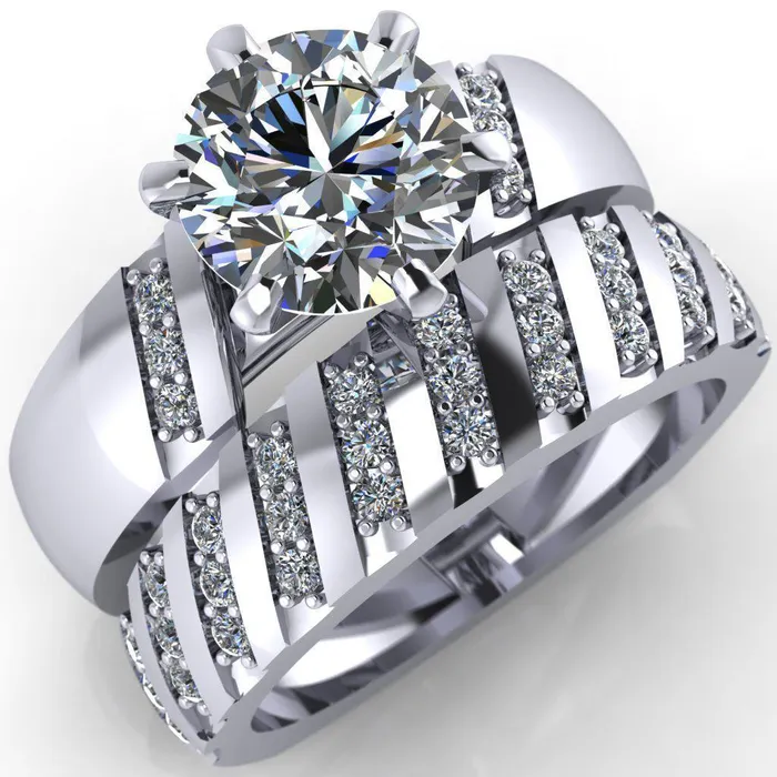 Rings Fire Brilliance Toni Round Center Stone 6 Prong Diamond Side Thick Band Ring