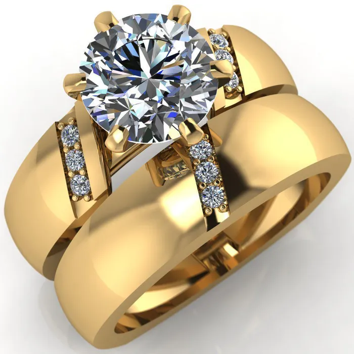 Rings Fire Brilliance Toni Round Center Stone 6 Prong Diamond Side Thick Band Ring
