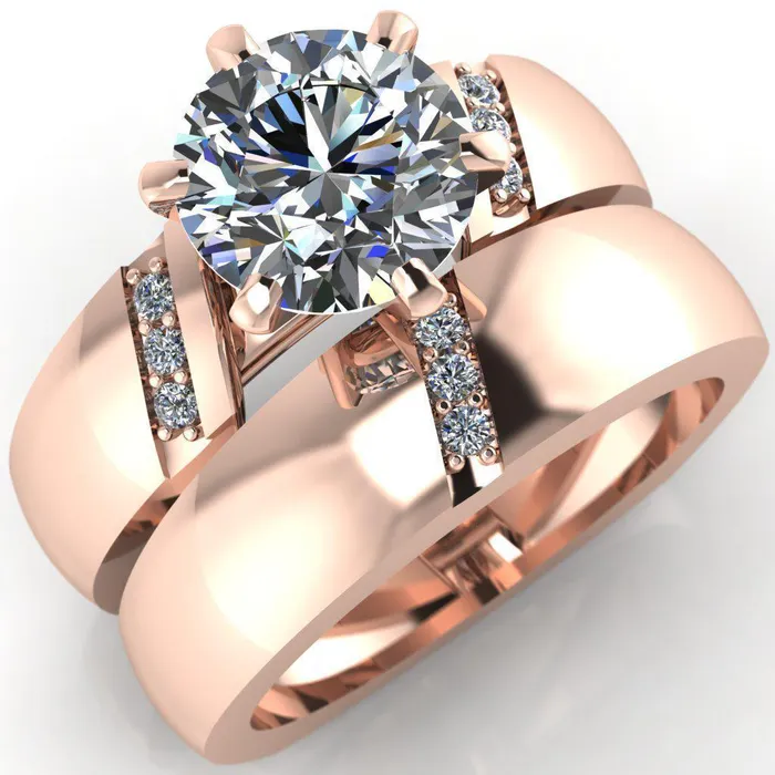 Rings Fire Brilliance Toni Round Center Stone 6 Prong Diamond Side Thick Band Ring