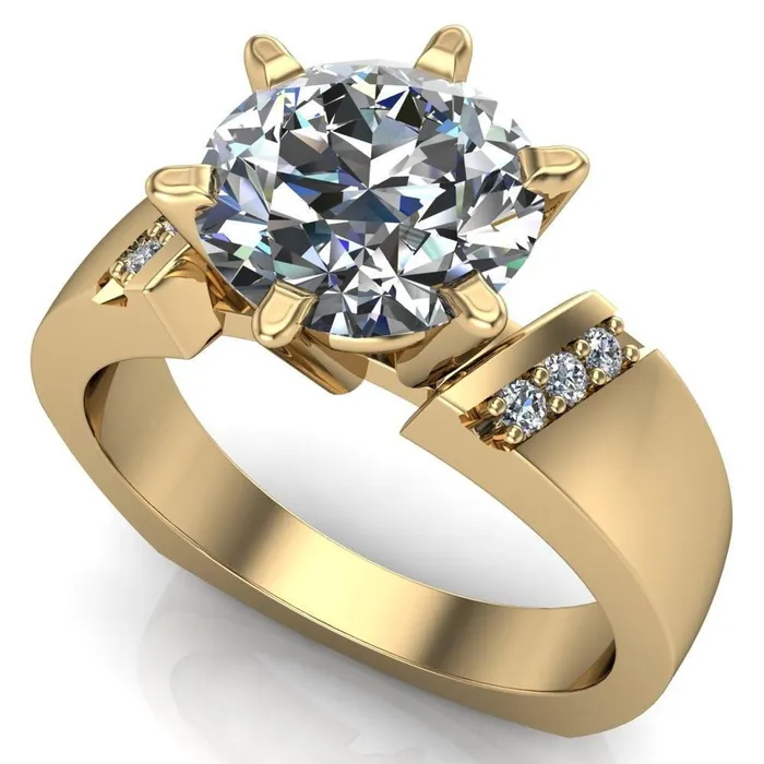 Rings Fire Brilliance Toni Round Center Stone 6 Prong Diamond Side Thick Band Ring
