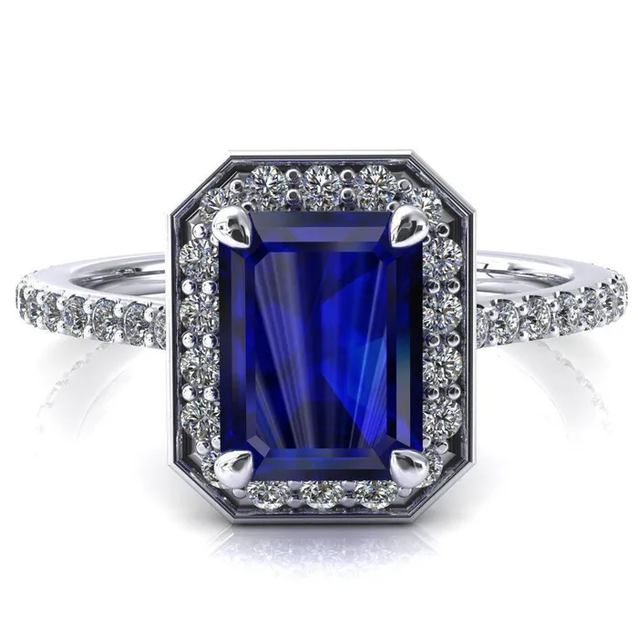 Rings Fire Brilliance Valma Emerald Blue Sapphire Floating Diamond Halo and Sides Ring Rings Fire Brilliance Valma Emerald Blue Sapphire Floating Diamond Halo and Sides Ring