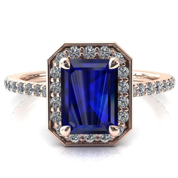 Rings Fire Brilliance Valma Emerald Blue Sapphire Floating Diamond Halo and Sides Ring